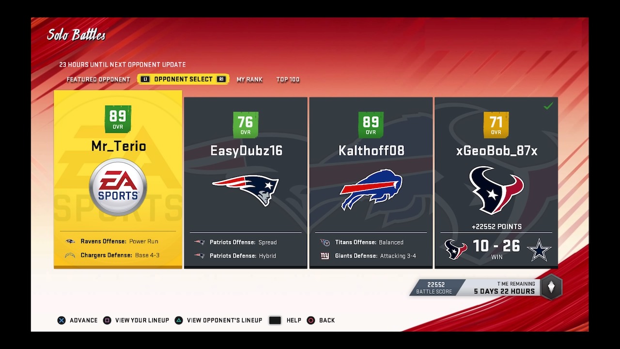 madden 20 solo battles opponents