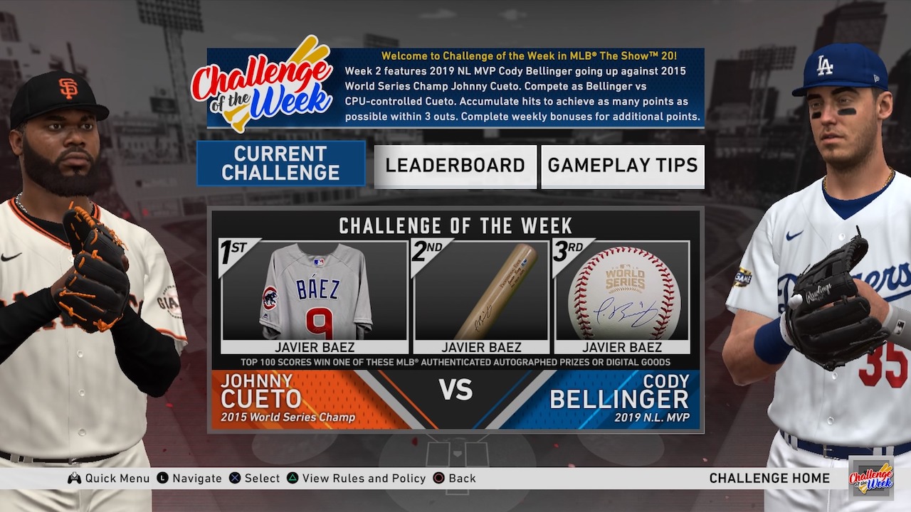 mlb the show 20 weekly challenge bellinger vs cueto