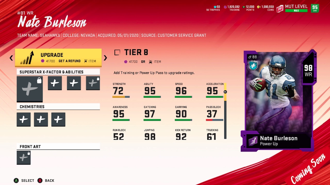 nate burleson madden 20 power up path to 98 overall