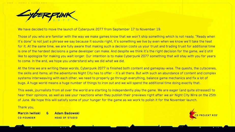 Cyberpunk 2077 Release Date Delayed to November