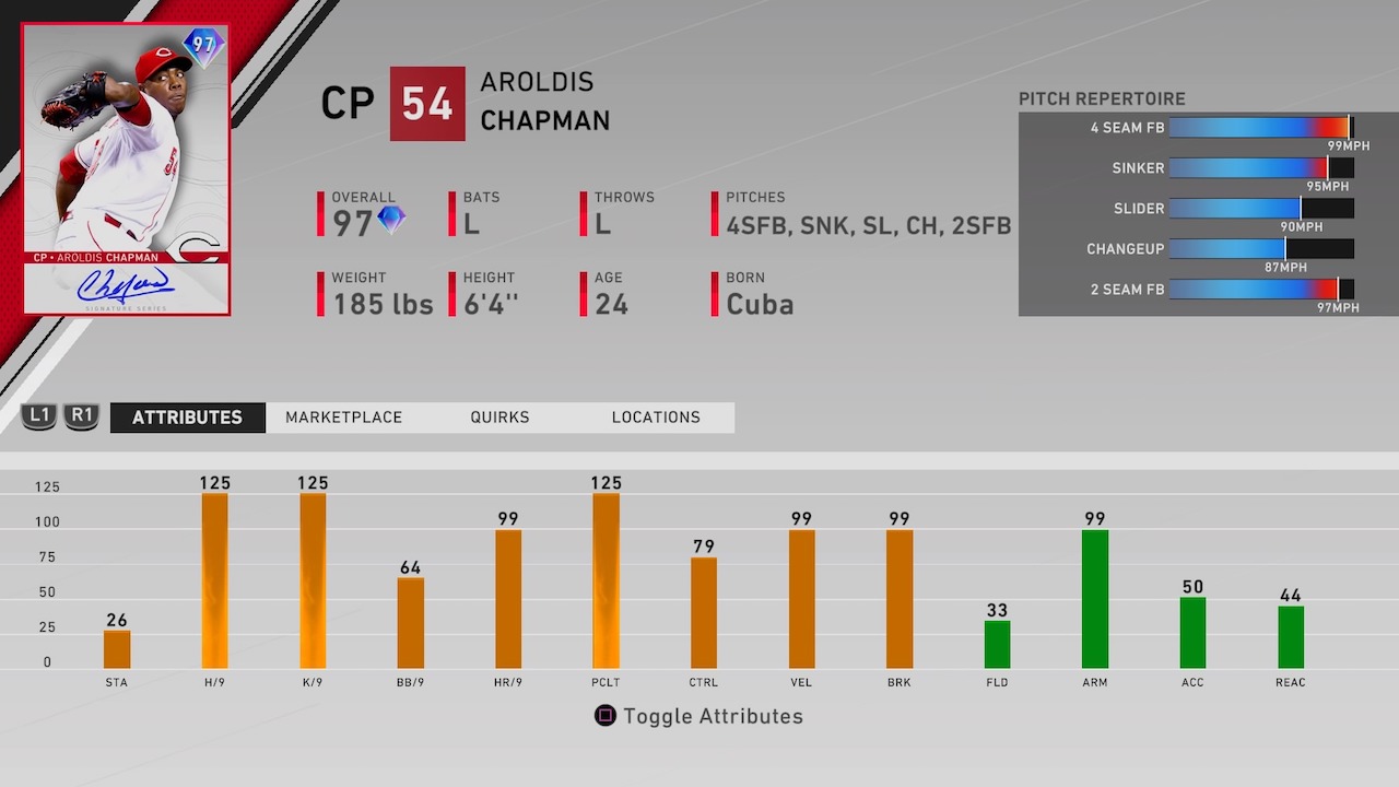 aroldis chapman mlb the show 20 diamond card