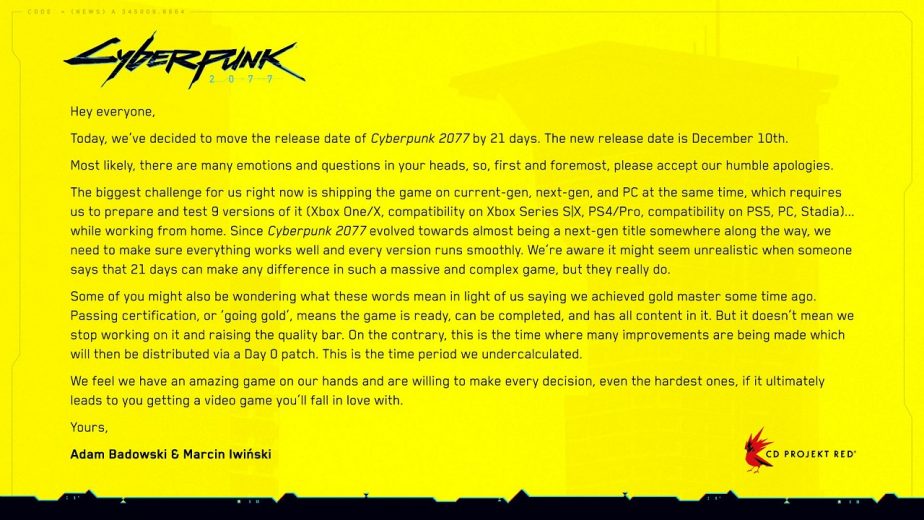 Cyberpunk 2077 Release Date Delayed to December