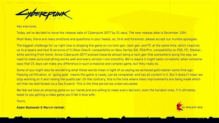 Cyberpunk 2077 Release Date Delayed to December