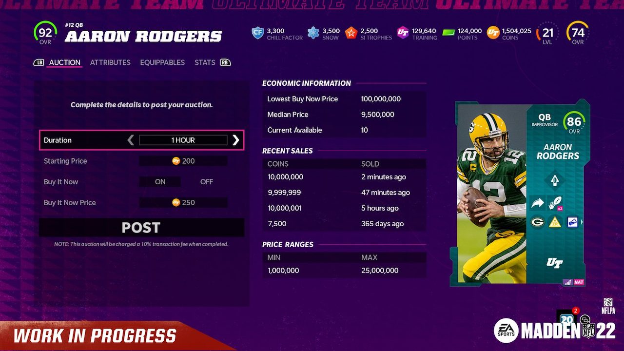 madden 22 ultimate team auction listing screen