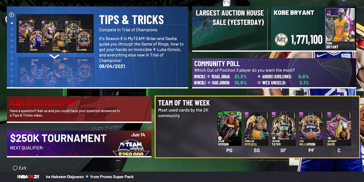 nba 2k21 most used cards team of week display