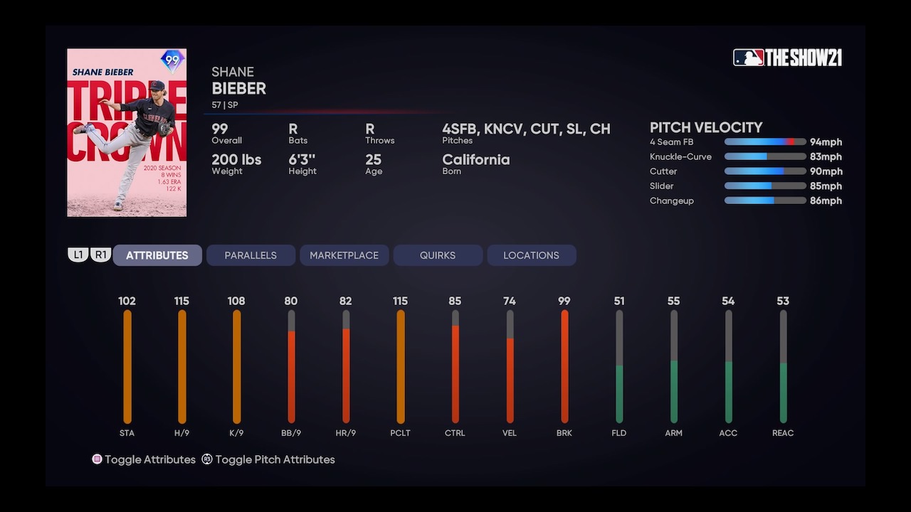 mlb the show 21 diamond dynasty shane bieber milestone card attributes