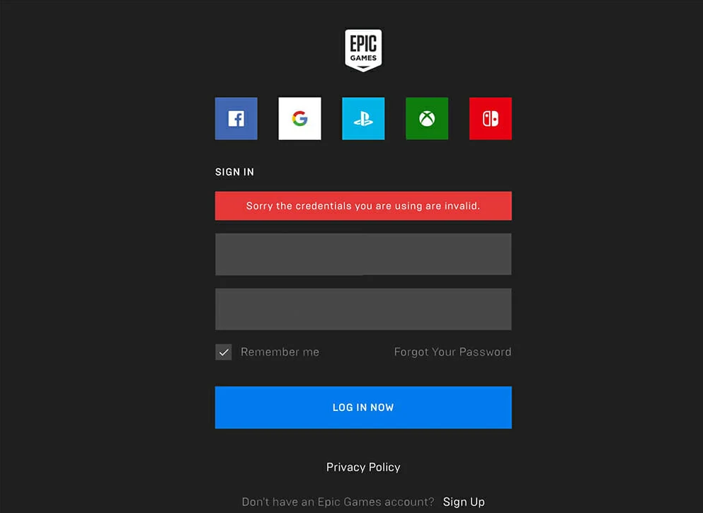 Fix Sorry the credentials you are using are invalid epic games